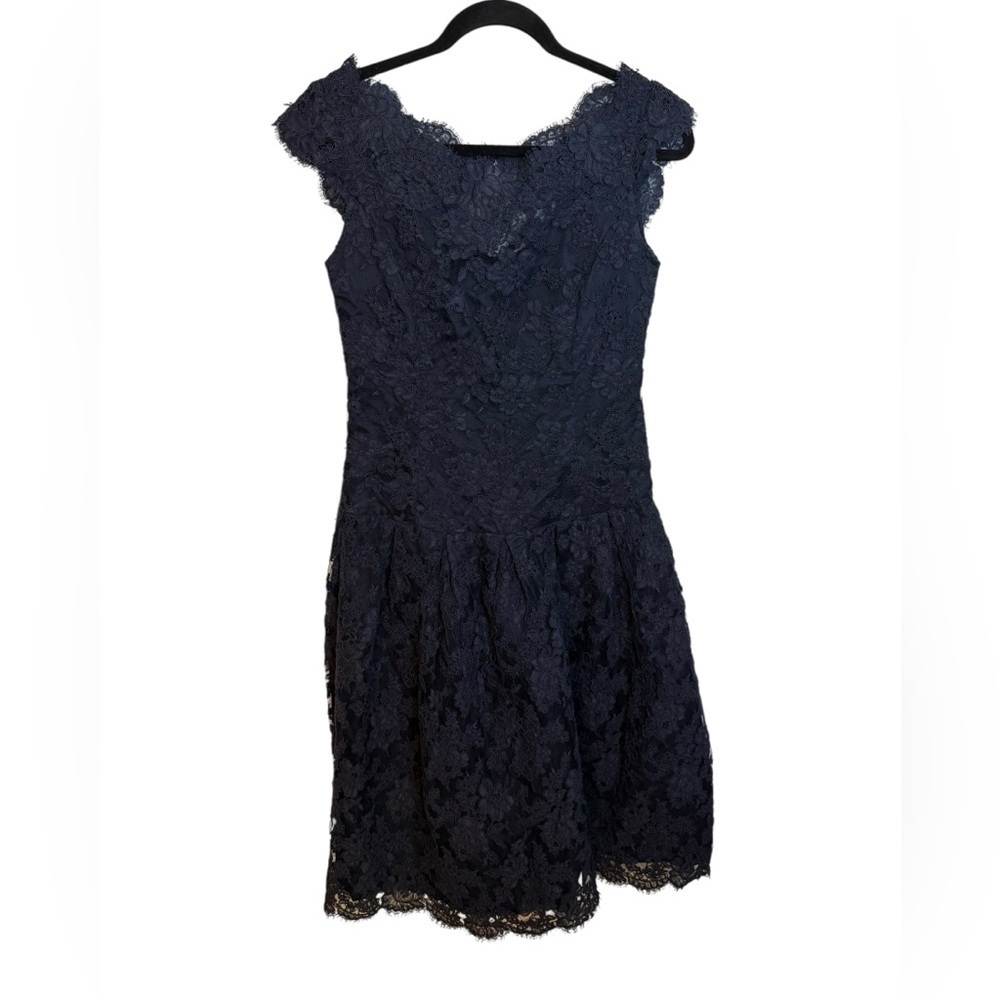 Shannon McLean Navy Blue Floral lace Off Shoulder Drop Waist Dress